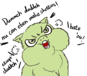 ambiguous_gender angry dialogue feral fur green_body green_eyes green_fur insult open_mouth pouting simple_background solo teeth text tongue white_background young young_ambiguous young_feral yellowcottoncandy030 fluffy_pony fluffy_pony_(species) mammal 2025 broken_language digital_media_(artwork) english_text hi_res