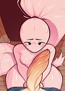 anthro blush breasts duo female female_anthro female_focus genitals hair imminent_oral long_hair male male/female medium_breasts non-mammal_breasts penis pink_body pink_hair ponytail vattarena annelid earthworm humanoid invertebrate worm hi_res