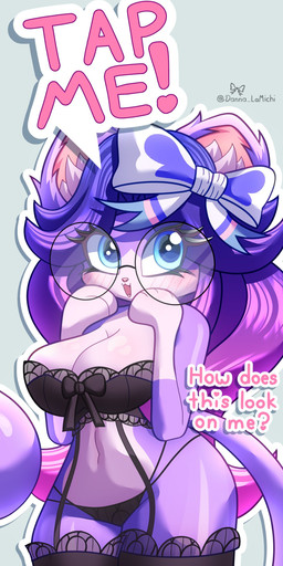 accessory asking_viewer big_breasts black_bra black_clothing black_underwear blue_eyes bow_ribbon bra breasts clothing eyewear female fur glasses hair_accessory hair_bow hair_ribbon lingerie purple_body purple_fur ribbons round_glasses solo talking_to_viewer text underwear wide_hips danna_lamichi domestic_cat felid feline felis mammal tuxedo_cat absurd_res artist_name hi_res