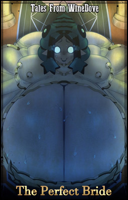 big_breasts big_butt black_border blue_hair bodily_fluids border breast_focus breasts butt cleavage clothed clothing dress female glowing glowing_eyes hair high-angle_view huge_breasts huge_butt humanoid_pointy_ears hyper hyper_breasts no_pupils pointy_ears smile solo sweat sweating_profusely sweaty_breasts text wedding_dress white_body dongwongtang humanoid unknown_species english_text