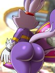 accessory anthro big_butt blurred_background bodysuit breasts butt clothing female gloves hair hair_accessory hairband handwear holding_object purple_body purple_bodysuit purple_clothing purple_ears purple_hair purple_skinsuit purple_tail rear_view red_hairband skinsuit solo tail thick_thighs tight_clothing white_clothing white_gloves white_handwear omegasunburst sega sonic_the_hedgehog_(series) blaze_the_cat domestic_cat felid feline felis mammal 2025 3:4 colored digital_media_(artwork) hi_res shaded