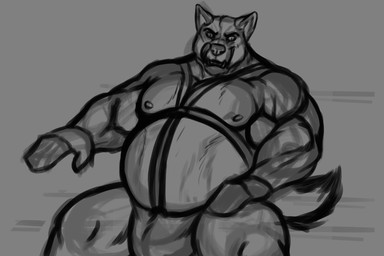 anthro belly big_belly big_bulge bulge fangs harness licking licking_lips male musclegut muscular solo teeth tongue tongue_out kenshiki666 canid canine canis mammal wolf monochrome