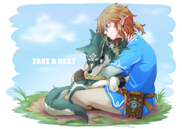 5_fingers blonde_hair blue_eyes clothing cloud day duo ear_piercing ear_ring feral fingerless_gloves fingers fur gloves grass hair handwear hug humanoid_pointy_ears male markings paws piercing plant pointy_ears ponytail ring_piercing sheikah_slate sitting square_crossover tablet_computer text kylatpo101 nintendo the_legend_of_zelda link link_(wolf_form) canid canine canis humanoid hylian mammal wolf 2021 english_text
