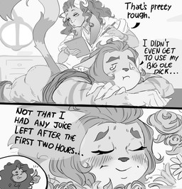 anthro biped blush breasts butt clothed clothing dialogue duo eyelashes eyes_closed female lying mature_female on_front pupils smile speech_bubble tail text thick_thighs dreamy_pride severa_tettona bovid caprine mammal absurd_res comic english_text hi_res