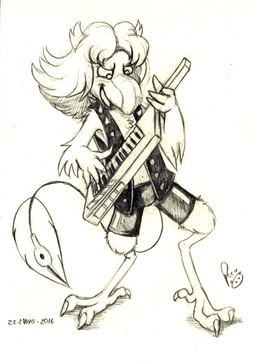 anthro arm_tuft beak bottomwear chest_tuft clothed clothing front_view hair keyboard_instrument keytar logo long_hair male male_anthro musical_instrument narrowed_eyes open_clothing open_mouth open_smile open_topwear open_vest playing_music shorts smile solo standing topwear tuft vest pandapaco avian 2016 absurd_res artist_logo dated hi_res signature