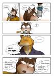 anthro bed clothing dialogue drunk duo fur furniture male substance_intoxication text whiskers maririn daisuke_yomo jinpei_shinooka canid canine domestic_cat felid feline felis fox mammal 2014 comic english_text hi_res translated