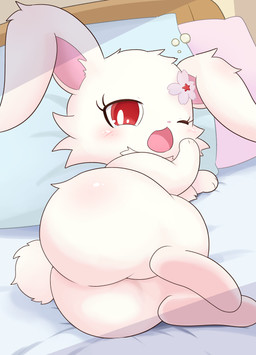 accessory anthro bed big_butt blush butt duo female female_anthro flower flower_in_hair fur furniture hair hair_accessory looking_at_viewer lying on_bed one_eye_closed open_mouth pillow plant red_eyes semi-anthro white_body white_fur yawn bluehiyokobunny jewelpet sanrio sega sega_fave ruby_(jewelpet) lagomorph leporid mammal rabbit absurd_res hi_res