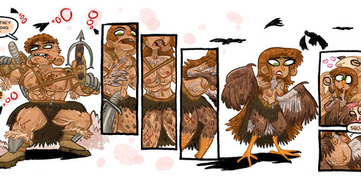 auburn_hair barbarian breasts brown_body brown_feathers comic_panel crossbow exposed_breasts feathers female forced forced_transformation gender_transformation hair male mtf_transformation pregnant pregnant_female ranged_weapon rapid_pregnancy species_transformation speech_bubble text transformation transformation_sequence weapon wings bubbalossom european_mythology greek_mythology mythology animal_humanoid avian avian_humanoid harpy harpy_humanoid human humanoid mammal mythological_avian mythological_creature english_text hi_res