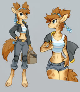 anthro blue_eyes female fluffy fluffy_tail hooves midriff navel solo spots tail 2d10 fan_character giraffe giraffid mammal hi_res
