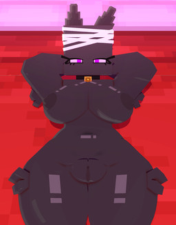 bandage bandaged_head bed bed_sheet bedding bell bell_collar big_breasts black_body breasts collar curvy_figure female fluffy furniture genitals looking_at_viewer lying lying_on_bed nipples nude on_bed purple_eyes smooth_skin solo thick_thighs voluptuous vulva wide_hips coresvoid microsoft minecraft mojang xbox_game_studios domestic_cat enderman enderwoman felid feline felis humanoid mammal 3d_(artwork) digital_media_(artwork) hi_res mine-imator_(artwork)