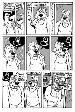 anthro bodily_fluids clothing drooling growth hypnosis hypnotic_eyes intelligence_loss male masculinization mind_control mirror muscle_growth saliva shirt solo speech_bubble spiral spiral_eyes tank_top text topwear transformation billy_fore canid canine canis domestic_dog mammal comic english_text hi_res monochrome