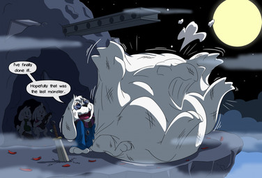 after_vore anthro belly big_belly eyewear glasses group huge_belly imprint male melee_weapon moon night outside overweight speech_bubble sword text vore weapon white_body dweet-tea cave_story lagomorph mammal mimiga 2024 hi_res