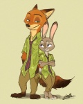 anthro barefoot bottomwear clothed clothing crossed_arms duo feet female fully_clothed fur gloves_(marking) hand_in_pocket hands_in_both_pockets male markings necktie pants pockets shirt simple_background smile standing topwear ydk1226 disney zootopia judy_hopps nick_wilde canid canine fox lagomorph leporid mammal rabbit red_fox true_fox 4:5