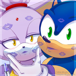 anthro blush duo female green_eyes hair hand_on_face hero kiss_mark lipstick lipstick_on_face looking_at_viewer makeup male male/female ponytail princess romantic romantic_couple royalty yellow_eyes lupitamota sega sonic_the_hedgehog_(series) blaze_the_cat sonic_the_hedgehog domestic_cat eulipotyphlan felid feline felis hedgehog mammal 1:1 hi_res