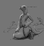 ambiguous_gender anthro claws dialogue egg female group sitting solo_focus tail text thick_tail thick_thighs meandraco lizard reptile scalie english_text hi_res monochrome