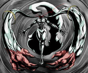abs abstract_background alternate_form ambiguous_gender claws creepy glowing glowing_eyes muscular muscular_ambiguous pose red_eyes shadow solo spiral_background unknown_artist puella_magi puella_magi_madoka_magica kyubey incubator_(puella_magi) monster digital_media_(artwork) shaded source_request