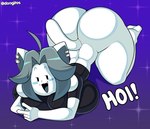 abstract_background all_fours anthro ass_up big_breasts big_butt bottomless breasts butt clothed clothing dialogue ear_piercing female gesture grey_hair hair hand_gesture looking_at_viewer open_mouth piercing solo sparkles text topwear v_sign white_body dongitos undertale undertale_(series) temmie_(undertale) canid canine felid feline mammal tem english_text hi_res url