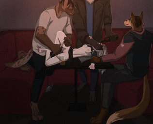 alcohol anthro beer beverage blush bodily_fluids bottomwear breasts clothed clothing container cup drinking_glass drunk female food forced fur genitals glass glass_container glass_cup group hair imminent_rape imminent_sex male male/female nipples nude open_mouth public public_nudity smile substance_intoxication tail tears topwear white_body white_fur yourumi kais_(yourumi) mieri_(yourumi) canid canine fox hyena lagomorph leporid mammal rabbit spotted_hyena digital_media_(artwork)