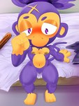 3_toes 4_fingers anthro bed blush brown_nipples clothing discarded_clothing feet female fingers flat_chested fur furniture navel nipples noseless nude on_bed purple_body purple_fur simple_background sitting solo stick toes goatboydraws bloons_tower_defense ninja_kiwi ezili_(bloons) haplorhine mammal monkey primate absurd_res hi_res