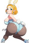 alternate_costume big_butt blonde_hair blue_eyes butt butt_focus clothing clothing_pull ear_piercing fake_antennae female footwear gloves hair handwear high_heels humanoid_pointy_ears kneeling legwear looking_back not_furry pantyhose piercing pointy_ears rear_view shoes short_hair solo stockings tight_clothing gonzarez1938 nintendo tears_of_the_kingdom the_legend_of_zelda princess_zelda humanoid hylian absurd_res hi_res