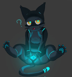 black_body black_tail blue_body blue_tail cute_fangs cyanotic_epithelium fangs female feral genitals glowing glowing_genitalia glowing_vulva grey_background machine multicolored_body multicolored_tail open_mouth pawpads paws presenting presenting_vulva quadruped question_mark simple_background solo spread_vulva spreading tail teeth tongue vulva yellow_eyes skeleton265 hi-fi_rush microsoft tango_gameworks 808_(hi-fi_rush) domestic_cat felid feline felis mammal robot robot_feral hi_res