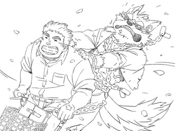 anthro barazoku basket bicycle chain clenched_teeth clothed clothing container dog_tags duo eyes_closed hand_on_shoulder male open_clothing open_shirt open_topwear petals rolled_up_sleeves shirt simple_background teeth topwear vehicle white_background wind gamma-g lifewonders tokyo_afterschool_summoners garmr_(tas) jock_protagonist_(tas) protagonist_(tas) canid canine canis domestic_dog human mammal 4:3 hi_res monochrome