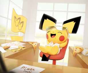 ambiguous_gender chibi chips_(food) clothing eyes_closed eyewear featureless_crotch feral food furniture glasses on_model open_mouth paper pizza potato_chips sitting smile solo text tongue topwear window yellow_body inkune nintendo pokemon generation_2_pokemon mammal pichu pokemon_(species) rodent 6:5 absurd_res hi_res