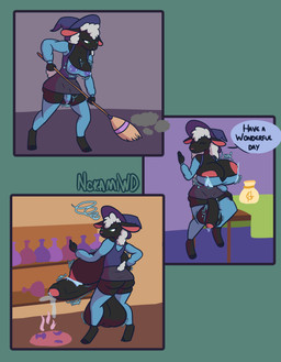 anthro areola areola_slip balls_expansion big_breasts big_penis bodily_fluids breast_expansion breasts broom cauldron cleaning_tool clothing expansion female genital_expansion genital_fluids genitals gynomorph hat headgear headwear huge_breasts huge_penis hyper hyper_breasts hyper_genitalia hyper_penis intersex lactating leaking_precum magic_user penis penis_expansion potion precum simple_background solo text witch witch_costume witch_hat nokamiwd bovid caprine mammal sheep absurd_res english_text hi_res