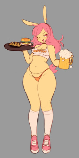 alcohol anthro beer beer_mug beverage breasts burger choker cleavage clothed clothing crop_top ear_piercing eyelashes female food footwear fries fur grey_background hair jewelry knee_highs knee_socks legwear navel necklace one_eye_closed open_mouth orange_clothing orange_thong orange_underwear piercing pink_clothing pink_footwear pink_hair pink_shoes red_eyes shirt shoes simple_background socks solo thong topwear underwear waiter_tray yellow_body yellow_fur mochabaebae hooters tebu_(mochabaebae) lagomorph leporid mammal rabbit hi_res