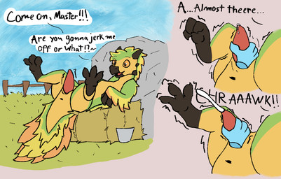 3_toes ambiguous_gender animal_genitalia animal_penis anthro bodily_fluids claws cum cumshot curling_toes dialogue dripping duo ejaculation feet feral floating_hands foot_fetish genital_fluids genitals green_body handjob hay hay_bale lying male male/ambiguous motion_lines on_back outside paws penile penis precum precum_drip sex shaking_legs spread_toes submissive text throbbing throbbing_penis toes twitching benadryl_buckshot capcom monster_hunter mango_(benadryl_buckshot) bird_wyvern seikret english_text hi_res