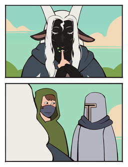 2_horns anthro armor black_body black_fur blood bodily_fluids cleric clothed clothed_anthro clothed_human clothed_male clothing dialogue female female_anthro fingers fully_clothed fur gesture group hair hand_gesture headgear helmet hooded_cloak horn human_on_anthro interspecies kissing kissing_finger knight larger_anthro larger_female male male/female male_human mask plate_armor pointing pupils robe size_difference speech_bubble trio warrior white_hair wounded bonnymama7 goat_cleric bovid caprine goat human mammal absurd_res comic hi_res