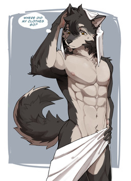 5_fingers abs anthro arm_tuft black_nose bodily_fluids brown_eyes butt chest_tuft countershade_face countershade_fur countershade_torso countershading crotch_tuft elbow_tuft fingers fur geometric_background grey_body grey_fur holding_object holding_towel male multicolored_body multicolored_fur muscular muscular_anthro muscular_male navel nipples pecs pink_nipples shoulder_tuft simple_background solo sweat sweatdrop tail text thought_bubble thoughts towel towel_around_waist towel_on_head towel_only tuft two_tone_body two_tone_fur white_body white_fur l4ng canid canine canis domestic_dog mammal 2026 digital_drawing_(artwork) digital_media_(artwork) english_text hi_res portrait three-quarter_portrait