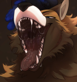 anthro black_nose blue_eyes blue_hair bodily_fluids brown_body brown_eyebrows brown_fur cheek_tuft dreadlocks dripping eyebrows facial_tuft fangs fur hair half-closed_eyes low-angle_view male mouth_shot narrowed_eyes open_mouth orange_body orange_fur saliva saliva_drip saliva_on_tongue saliva_string simple_background snout solo teeth tongue tongue_out tuft kysokofwater canid canine mammal 2023 colored digital_drawing_(artwork) digital_media_(artwork) hi_res shaded