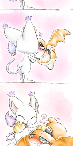 accessory ambiguous_anthro ambiguous_gender anthro blue_eyes blush casual_nudity claws clothing fur furgonomics gloves gold_tail_ring handwear head_wings jewelry kiss_on_lips kissing larger_ambiguous larger_anthro membrane_(anatomy) membranous_wings nude_ambiguous nude_anthro orange_body paw_gloves paws purple_body purple_fur quadruped ring size_difference tail tail_accessory tail_jewelry tail_ring unusual_wing_placement white_body white_fur wings yellow_clothing yellow_gloves yellow_handwear bakothemimic bandai_namco digimon digimon_(species) felid feline gatomon mammal patamon absurd_res hi_res