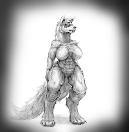 abs anthro big_breasts big_legs breasts claws digitigrade eyebrows eyelashes featureless_breasts female fur hair half-closed_eyes indifferent inner_ear_fluff looking_at_viewer muscular muscular_female muscular_legs narrowed_eyes neutral_expression piercing pubes short_hair simple_background solo standing tall text thick_eyebrows thick_neck toe_claws tuft wide_hips lupinaturalis canid canine canis mammal wolf absurd_res digital_drawing_(artwork) digital_media_(artwork) english_text hi_res monochrome