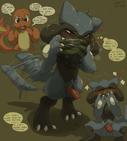 animal_genitalia animal_penis anthro aroused aroused_face balls biped blush blush_lines bodily_fluids brown_background canine_genitalia canine_penis claws clothing covering covering_face dialogue erection excited flustered genital_fluids genitals heart_symbol knot knotted_penis male male/male male_anthro penis precum scarf simple_background sitting sniffing sniffing_clothes solo speech_bubble standing sweat sweatdrop tail tail_motion tailwag text toe_claws upside_down_penis qrnrr nintendo pokemon pokemon_mystery_dungeon spike_chunsoft canid canine charmander generation_1_pokemon generation_4_pokemon mammal pokemon_(species) riolu shaded sketch_page