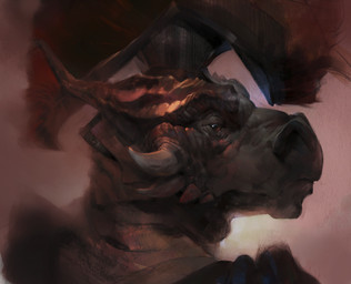 anthro armor brown_eyes cheek_spikes clothed clothing facial_spikes grey_body grey_scales headgear helmet horn looking_at_viewer looking_back looking_back_at_viewer male male_anthro mouth_closed rear_view scales simple_background solo spikes spikes_(anatomy) darkgem mythology dragon mythological_creature mythological_scalie scalie