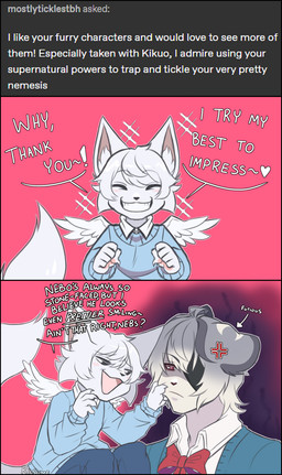 anthro black_border blush border clothed clothing cross-popping_vein dialogue duo eye_patch eyewear feathers larger_male male male/male partially_clothed pawpads shortstack size_difference smaller_male text riisume canid canine felid fox leopard mammal pantherine snow_leopard absurd_res comic english_text hi_res