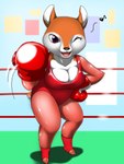 anthro boxing_gloves breasts cleavage clothed clothing female handwear musical_note musical_symbol one_eye_closed red_eyes rope solo symbol wink moroq animal_boxing nintendo lisa_(animal_boxing) deer mammal 3:4