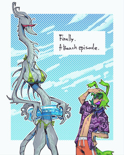 abstract_background anthro bikini bikini_bottom bikini_thong bikini_top blue_background breasts clothed clothing cloud duo female fur gradient_background green_body green_fur green_hair grey_body hair long_arms long_body long_limbs long_neck male open_clothing open_shirt open_topwear pool_float shielding_eyes shirt simple_background size_difference sky spikes spikes_(anatomy) spines standing swimming_trunks swimwear text tongue tongue_out topwear two-piece_swimsuit unusual_anatomy white_background btascandalist beef_(btascandalist) animal_humanoid canid canid_humanoid canine canine_humanoid canis dog_humanoid domestic_dog flatworm humanoid mammal mammal_humanoid tapeworm worm english_text hi_res nonbinary_(lore)
