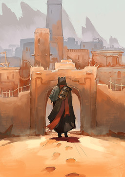 ambiguous_gender anthro biped brick brick_wall city city_gate city_wall cloak clothing desert digitigrade footprint gate holding_object hood hood_up pointy_ears prick_ears rear_view sand scarf sky solo walking wall_(structure) window juliathedragoncat 2025 comic digital_media_(artwork) digital_painting_(artwork) hi_res painting_(artwork) warm_colors