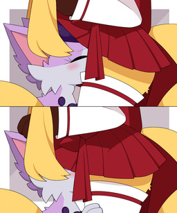 anthro asian_clothing blush bottomwear clothed clothing clothing_lift duo east_asian_clothing eyes_closed gynomorph head_under_clothing head_under_skirt intersex japanese_clothing knotting miko_outfit skirt skirt_lift km-15 lumen_(km-15) miu_(feeshyartist) canid canine felid feline fox mammal philikkahn female_(lore)