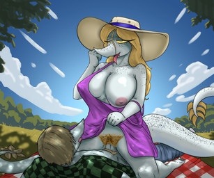 anthro anthro_on_anthro anthro_penetrated anthro_penetrating anthro_penetrating_anthro areola big_breasts blonde_hair bottomwear bottomwear_down breasts clothed clothed_sex clothing cloud cowgirl_position day detailed_background dress duo erection feathered_tail feathers female female_penetrated fingers fist freckled_arms freckled_chest freckled_face freckled_tail freckles from_front_position front_view grass grey_eyes hair hat headgear headwear humanoid_hands long_hair looking_pleasured male male/female male_penetrating male_penetrating_female nipple_outline nipples non-mammal_breasts non-mammal_nipples on_bottom on_top open_clothing open_mouth open_shirt open_topwear outside outside_sex pants pants_down partially_clothed penetration penile penile_penetration penis_in_vagina pink_areola pink_clothing pink_dress pink_nipples plant pubes sex shirt short_hair sky sun_hat tail tan_body tan_feathers topwear tree vaginal vaginal_penetration yellow_sclera purplekatsnek cavemanon_studios snoot_game fan_character tarja_(snoot_game) dinosaur prehistoric_species reptile saurischian scalie theropod troodon troodontid colored shaded