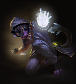 4_toes 5_fingers anthro barefoot biped black_body black_claws black_fur black_tail blue_eyes claws cloak clothed clothing dagger detailed_fur fangs feet finger_claws fingers front_view fully_clothed fur holding_object holding_weapon hood kneeling looking_at_viewer magic magic_user male melee_weapon multicolored_body multicolored_fur multicolored_tail on_one_knee potion purple_body purple_fur purple_nose purple_tail solo tail teeth toe_claws toes two_tone_body two_tone_fur two_tone_tail weapon conditional_dnp royz felid mammal 2020 detailed digital_media_(artwork)