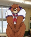 anthro bear biceps big_muscles black_nose blush bottomless brown_fur caught clothing crossdressing embarrassed fur grizzly_bear juuichi_mikazuki looking_at_viewer male mammal morenatsu muscles shy solo tetsuooshiba uniform
Rating: Questionable
Score: 7
User: BlackBoltEX
Date: August 18, 2013