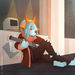 ambiguous_gender anthro bass_guitar clothing computer electronics guitar horn musical_instrument plucked_string_instrument solo string_instrument framebuffer bovid canid canine caprine hybrid mammal 1:1 2019 hi_res