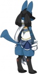 ambiguous_gender anthro biped black_body black_fur blue_body blue_fur clothing dress fur raised_tail simple_background solo standing tail yellow_body yellow_fur agemono nintendo pokemon canid canine generation_4_pokemon lucario mammal pokemon_(species) low_res