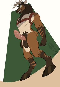 anthro antlers balls brown_body brown_fur erection fur genitals glans harness hooves horn male nude penis simple_background solo tan_body tan_fur teeth yellow_eyes selene_moon ares cervine deer mammal hi_res