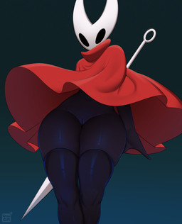 2_horns anthro biped black_body black_clothing black_eyes bottomless cape cloak clothed clothing female genitals glistening glistening_body holding_melee_weapon holding_object holding_sword holding_weapon horn legwear low-angle_view melee_weapon nail_(weapon) navel non-mammal_navel non-mammal_vulva partially_clothed red_clothing simple_background solo sword thigh_highs tight_clothing topwear vulva weapon wide_hips chipsgm hollow_knight_(franchise) team_cherry hornet_(hollow_knight) arthropod 2025 digital_drawing_(artwork) digital_media_(artwork) hi_res