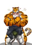 anthro anthro_on_anthro asphyxiation barazoku barefoot bear_hug biceps big_bulge big_muscles blush bottomwear bulge carrying_another clothed clothing deltoids duo eyebrows eyes_closed face_squish feet frown fur heart_symbol hug huge_muscles huge_thighs kemono licking male male/male muscular muscular_anthro muscular_male pants quads scar shadow shirt simple_background size_difference squeezing squish standing thick_arms thick_thighs thong thong_only tongue tongue_out topless topless_anthro topless_male topwear tuft underwear underwear_only vein veiny_arms veiny_muscles veiny_thighs white_background traver009 coach_ho domestic_cat felid feline felis mammal pantherine tiger 2023 absurd_res digital_media_(artwork) hi_res